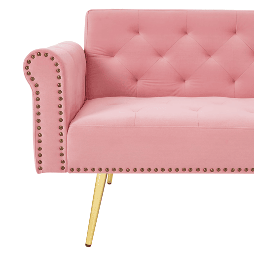 Sofá de 2 lugares - estofado em veludo, encosto ajustável em 3 posições, pés dourados - Rosa