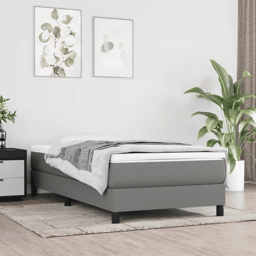 Estrutura de cama de solteiro para adultos com molas 100x200 cm tecido cinzento-escuro