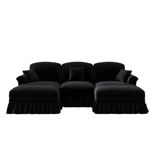 Sofá de 3 lugares - Chenille, braços cónicos, saia removível, pernas torneadas - Preto