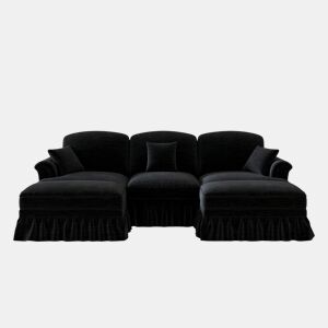 Sofá de 3 lugares - Chenille, braços cónicos, saia removível, pernas torneadas - Preto