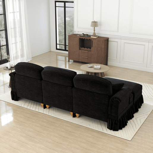 Sofá de 3 lugares - Chenille, braços cónicos, saia removível, pernas torneadas - Preto