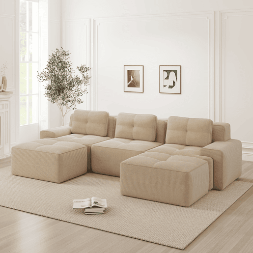 Sofá modular U 3 lugares - Cloud, com otomana, estofado em veludo cotelê, sem montagem - Bege