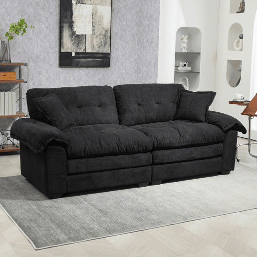 Sofá de 2 lugares 213 cm - Chenille, acolchoado duplo (Memory + molas), profundo - Preto Sofá de 2 lugares 213 cm - Chenille, acolchoado duplo (Memory + molas), profundo - Preto