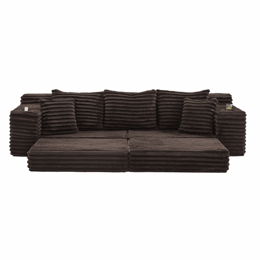 Sofá de tecido veludo cotelê de 4 lugares - encosto alto, almofadas adicionais, bolsos laterais e porta-copos, convertível em sofá-cama - café