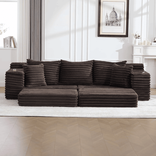 Sofá de tecido veludo cotelê de 4 lugares - encosto alto, almofadas adicionais, bolsos laterais e porta-copos, convertível em sofá-cama - café