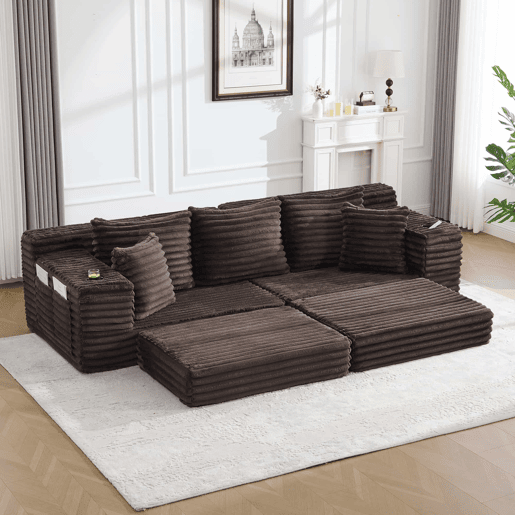 Sofá de tecido veludo cotelê de 4 lugares - encosto alto, almofadas adicionais, bolsos laterais e porta-copos, convertível em sofá-cama - café