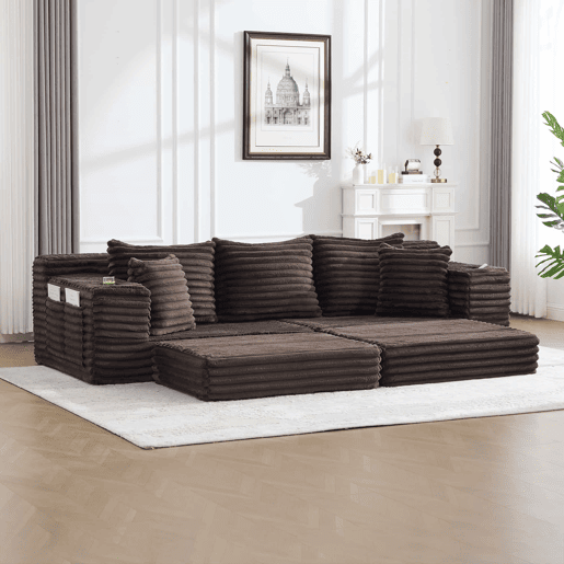 Sofá de tecido veludo cotelê de 4 lugares - encosto alto, almofadas adicionais, bolsos laterais e porta-copos, convertível em sofá-cama - café