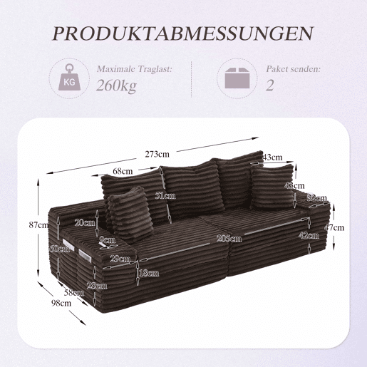 Sofá de tecido veludo cotelê de 4 lugares - encosto alto, almofadas adicionais, bolsos laterais e porta-copos, convertível em sofá-cama - café