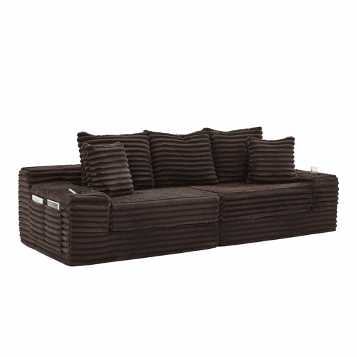 Sofá de tecido veludo cotelê de 4 lugares - encosto alto, almofadas adicionais, bolsos laterais e porta-copos, convertível em sofá-cama - café