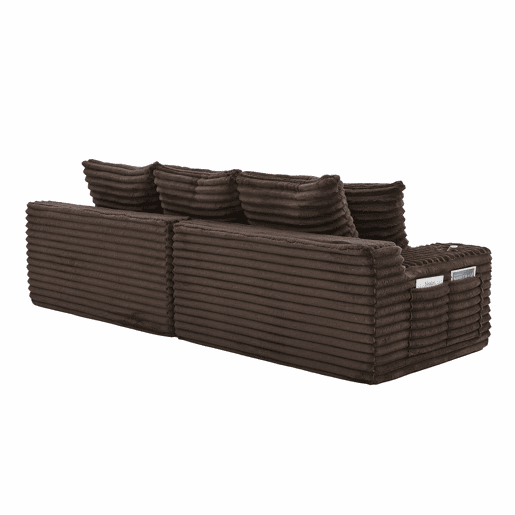 Sofá de tecido veludo cotelê de 4 lugares - encosto alto, almofadas adicionais, bolsos laterais e porta-copos, convertível em sofá-cama - café