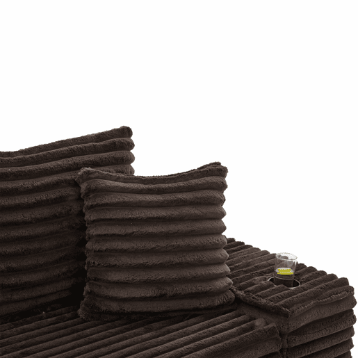 Sofá de tecido veludo cotelê de 4 lugares - encosto alto, almofadas adicionais, bolsos laterais e porta-copos, convertível em sofá-cama - café