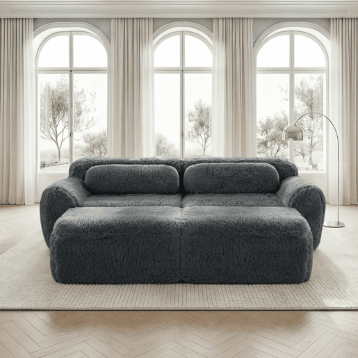 Sofá modular de 2 lugares - Tecido felpudo macio, cama modular com 2 pufes, sem montagem - Cinza