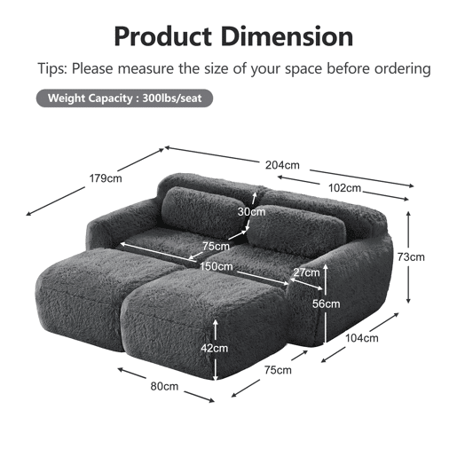 Sofá modular de 2 lugares - Tecido felpudo macio, cama modular com 2 pufes, sem montagem - Cinza