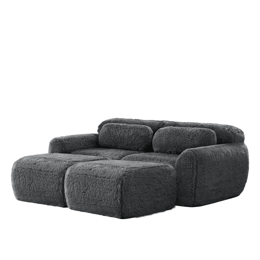 Sofá modular de 2 lugares - Tecido felpudo macio, cama modular com 2 pufes, sem montagem - Cinza