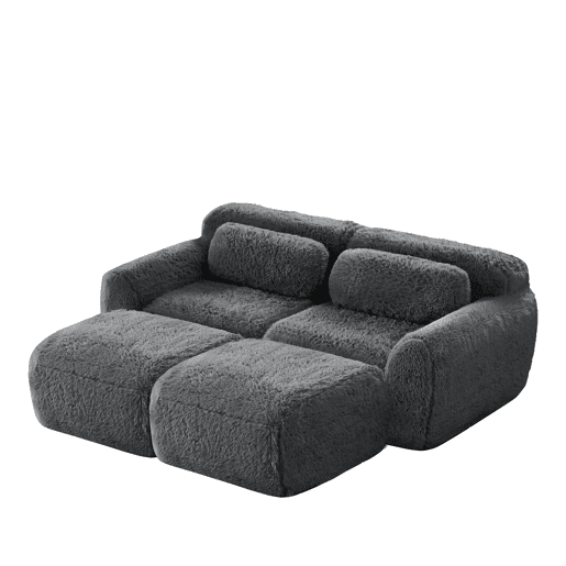 Sofá modular de 2 lugares - Tecido felpudo macio, cama modular com 2 pufes, sem montagem - Cinza