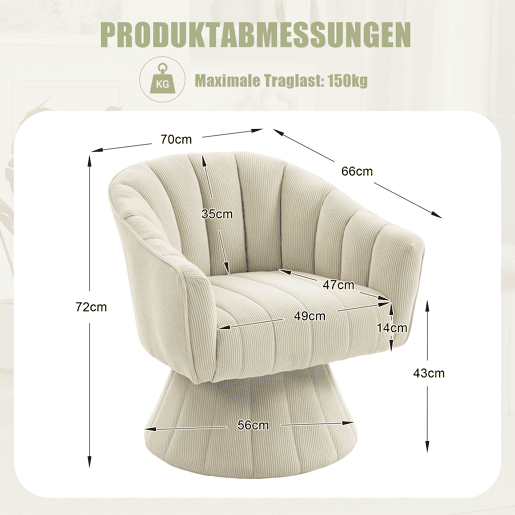 Cadeira giratória 360° - encosto e assento ergonómicos, apoios de braços envolventes, design moderno - Bege