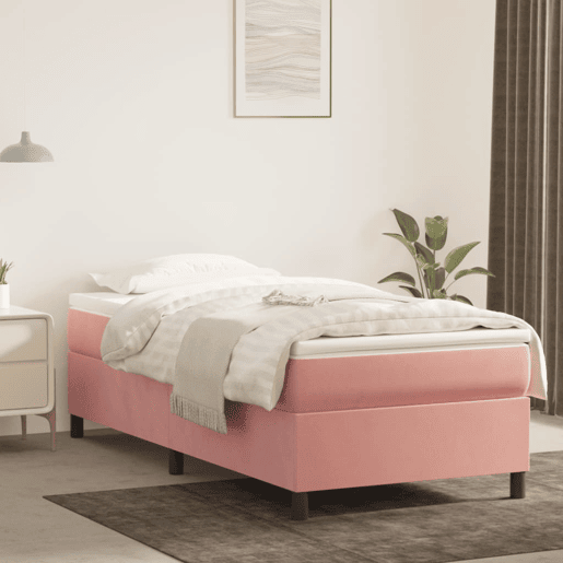 Estrutura de cama de solteiro para adultos com molas 90x200 cm veludo rosa