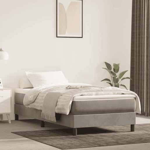 Estrutura de cama de solteiro para adultos com molas 100x200 cm veludo cinzento-claro