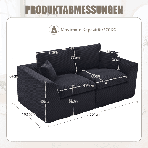Sofá de tecido de 2 lugares - moderno, minimalista, confortável com almofadas - preto