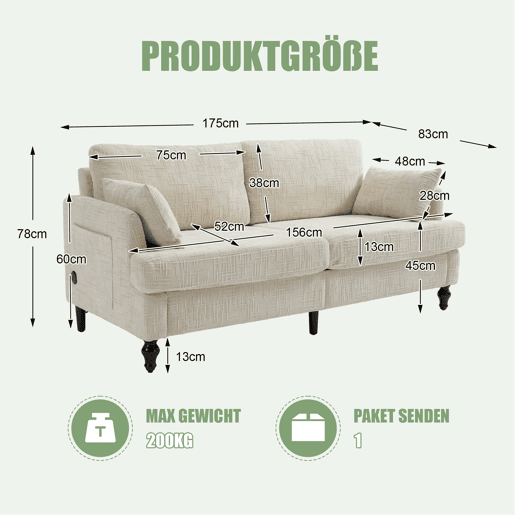 Sofá de 2 lugares - Chenille, pés de madeira, LED, USB e arrumação - Bege