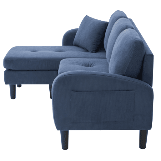 Sofá de canto de 3 lugares 166x118x77 cm - Chaise longue modular, tecido de veludo cotelê - Azul