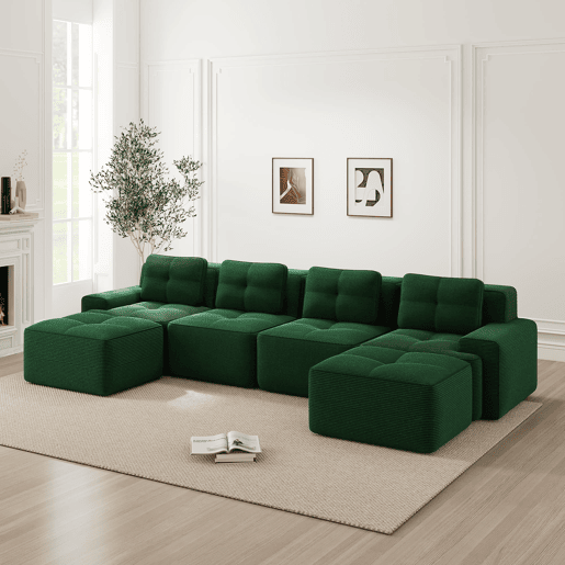 Sofá modular Boneless 4 lugares - Chaise longue em U, assento profundo, estofado em veludo cotelê, antiderrapante - Verde