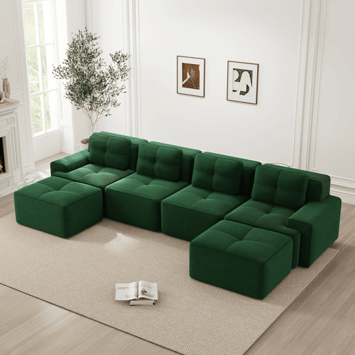 Sofá modular Boneless 4 lugares - Chaise longue em U, assento profundo, estofado em veludo cotelê, antiderrapante - Verde