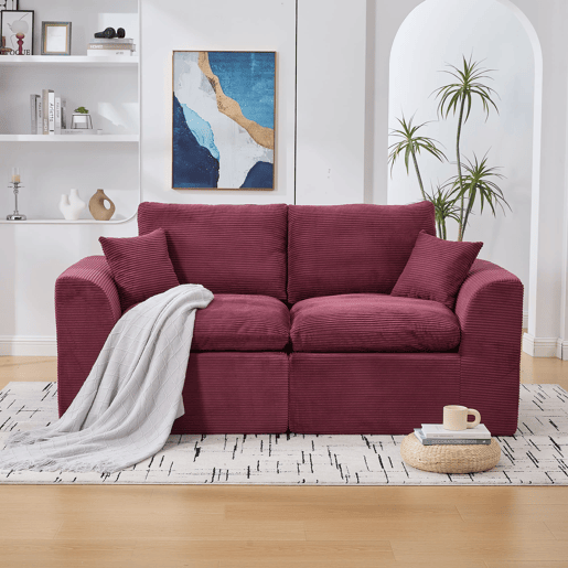 Sofá de tecido de 2 lugares - Minimalista, confortável com almofadas - Vermelho vinho