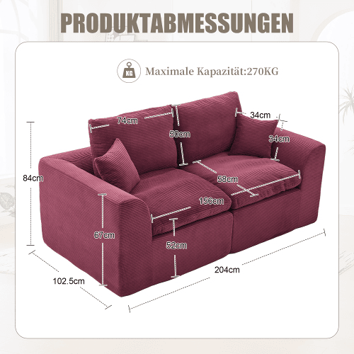 Sofá de tecido de 2 lugares - Minimalista, confortável com almofadas - Vermelho vinho