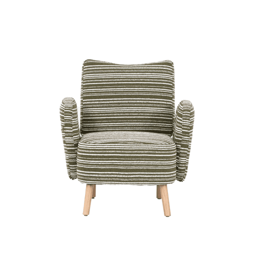 Poltrona individual moderna - tecido com padrão circular, bolso lateral, pernas em madeira - verde oliva