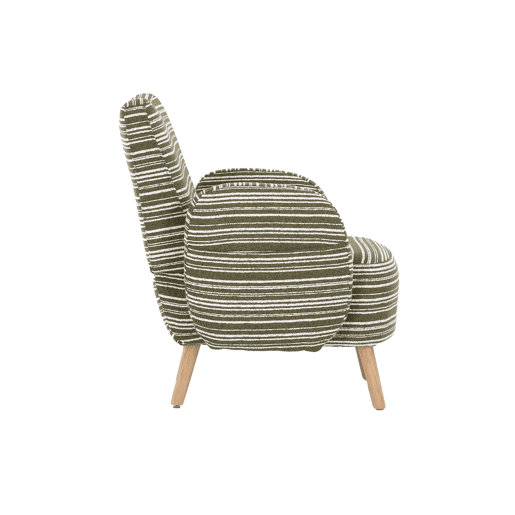 Poltrona individual moderna - tecido com padrão circular, bolso lateral, pernas em madeira - verde oliva