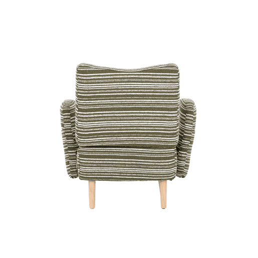 Poltrona individual moderna - tecido com padrão circular, bolso lateral, pernas em madeira - verde oliva