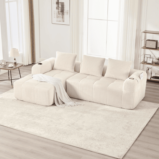 Sofá compacto de 4 lugares - Macio, modular, com bolso e porta-copos - Bege Sofá compacto de 4 lugares - Macio, modular, com bolso e porta-copos - Bege