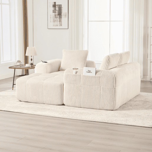 Sofá compacto de 4 lugares - Macio, modular, com bolso e porta-copos - Bege Sofá compacto de 4 lugares - Macio, modular, com bolso e porta-copos - Bege