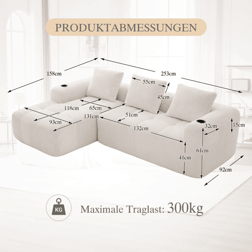 Sofá compacto de 4 lugares - Macio, modular, com bolso e porta-copos - Bege Sofá compacto de 4 lugares - Macio, modular, com bolso e porta-copos - Bege