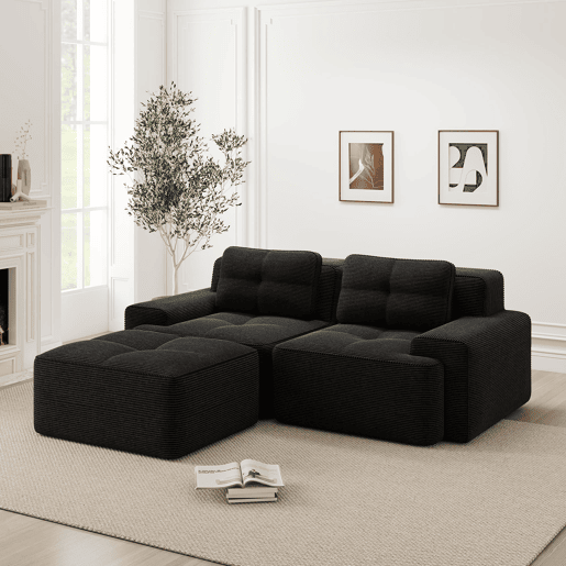 Sofá modular L 2 lugares - Assento profundo, Veludo cotelê, com otomano, sofá-cama - Preto