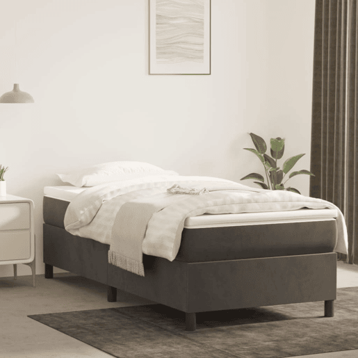 Estrutura de cama de solteiro para adultos com molas 90x190 cm veludo cinzento-escuro