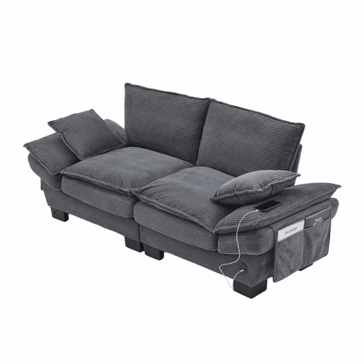 Sofá modular de 2 lugares - assento largo, design ergonómico, espuma de alta densidade, porta USB-C e bolsos laterais - cinzento escuro