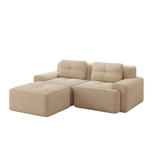 Sofá modular L 2 lugares - Veludo cotelê, assento profundo, com otomano, confortável - Bege
