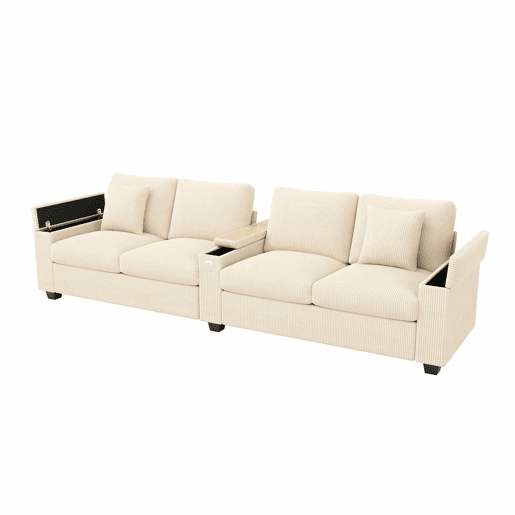 Sofá de 4 lugares - moderno, com USBUSB-C, braços rebatíveis, arrumação oculta - Bege