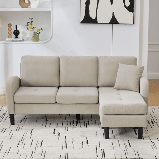 Sofá de canto de 3 lugares 166x118x77 cm - Tecido cordão, modular, pés de plástico - Castanho claro