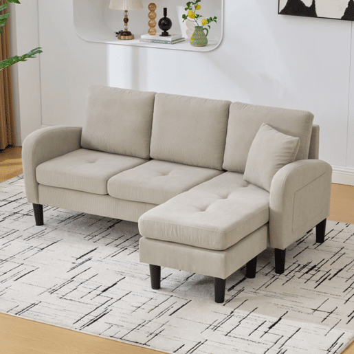 Sofá de canto de 3 lugares 166x118x77 cm - Tecido cordão, modular, pés de plástico - Castanho claro