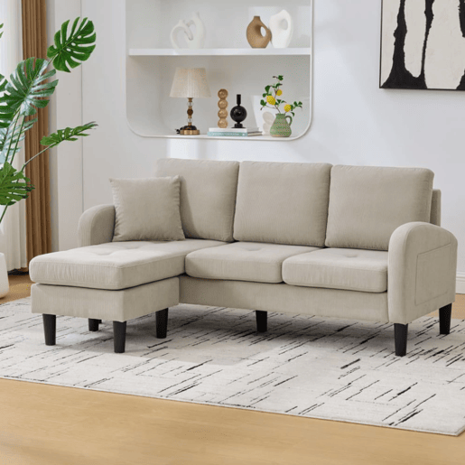 Sofá de canto de 3 lugares 166x118x77 cm - Tecido cordão, modular, pés de plástico - Castanho claro