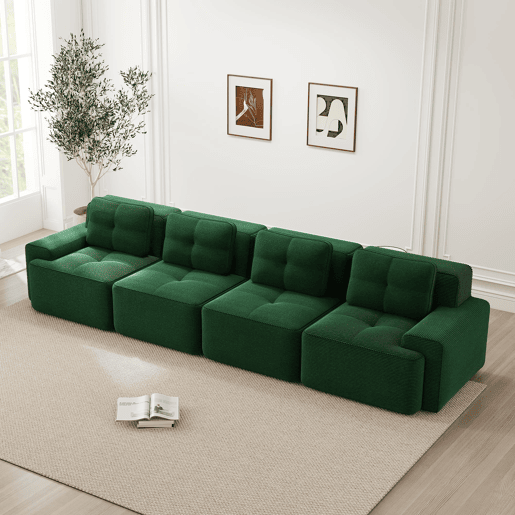 Sofá modular de 4 lugares - Couro sintético acolchoado, assento profundo, antiderrapante - Verde