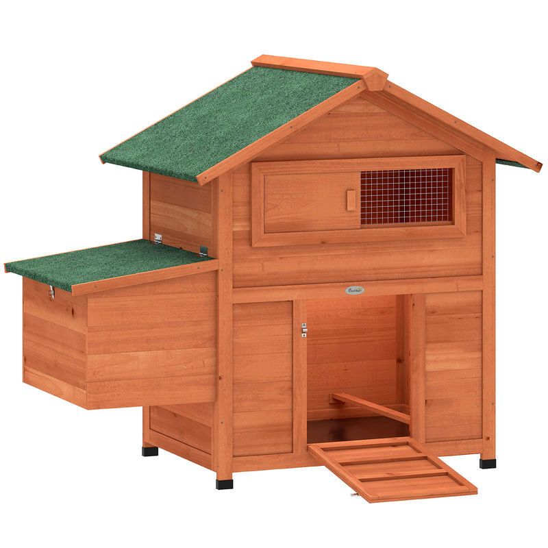 Pawhut gallinero para exterior de madera, 113,5x67,5x95,5 cm, para 2 gallinas, gallinero con nido, bandeja extraíble, techo impermeable, ventana deslizante, rampa, perchas, conejera, naranja