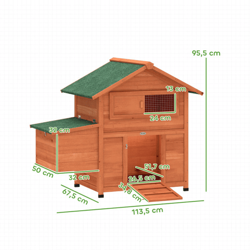 PawHut Galinheiro para Exterior de Madeira, 113,5x67,5x95,5 cm, Galinheiro com Ninho, Bandeja Removível, Telhado Impermeável, Janela Deslizante, Rampa e Poleiros, Jaula para 2 Galinhas ou Coelhos, Laranja