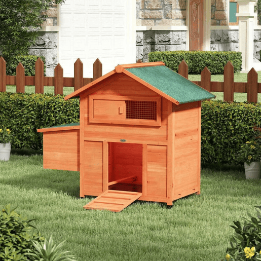 PawHut Galinheiro para Exterior de Madeira, 113,5x67,5x95,5 cm, Galinheiro com Ninho, Bandeja Removível, Telhado Impermeável, Janela Deslizante, Rampa e Poleiros, Jaula para 2 Galinhas ou Coelhos, Laranja