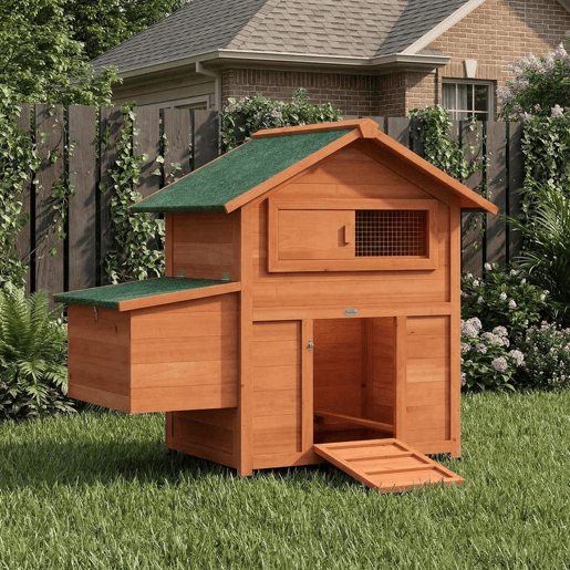 PawHut Galinheiro para Exterior de Madeira, 113,5x67,5x95,5 cm, Galinheiro com Ninho, Bandeja Removível, Telhado Impermeável, Janela Deslizante, Rampa e Poleiros, Jaula para 2 Galinhas ou Coelhos, Laranja
