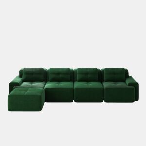 Sofá modular de 4 lugares - Chaise longue longa, profunda e confortável, estofada em veludo cotelê - Verde