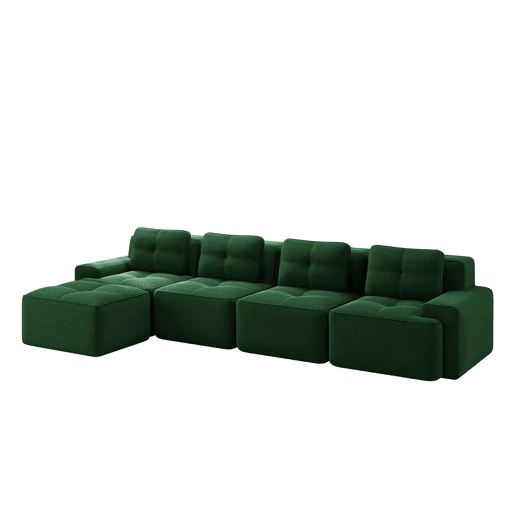 Sofá modular de 4 lugares - Chaise longue longa, profunda e confortável, estofada em veludo cotelê - Verde